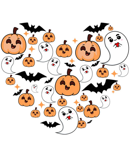 Pumpkin Ghosts and Bats Heart Shape Ready to Press DTF Heat Transfers- Pack of 6